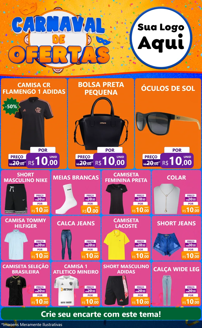 Modelo de Encarte para Encarte Grande com o tema Carnaval de Ofertas para Roupas e acessórios