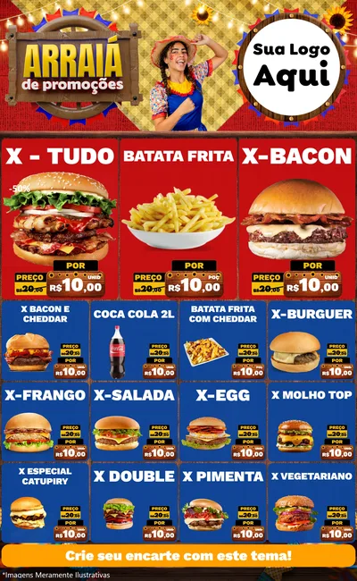 Modelo de Encarte para Encarte Grande com o tema Arraiá de Promoções para Hamburgueria