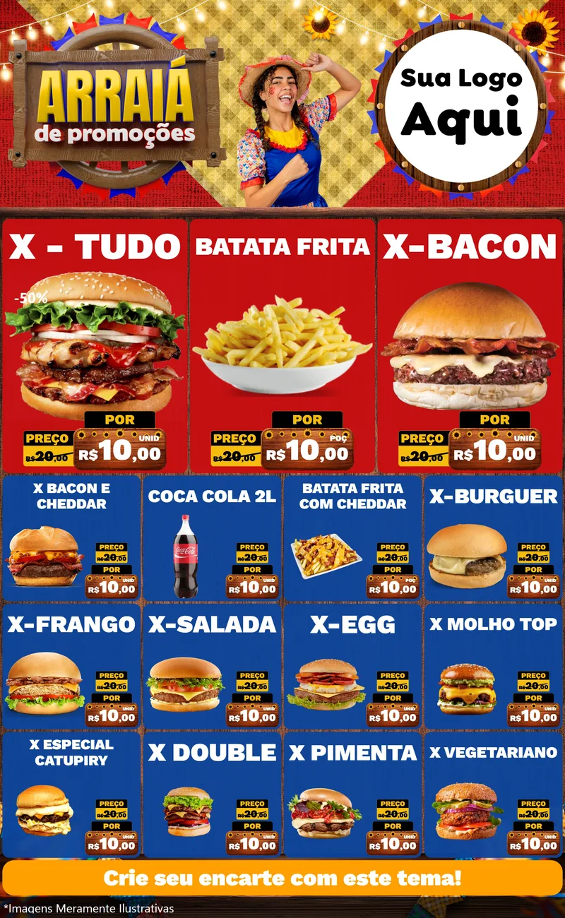 Modelo de Encarte para Encarte Grande com o tema Arraiá de Promoções para Hamburgueria