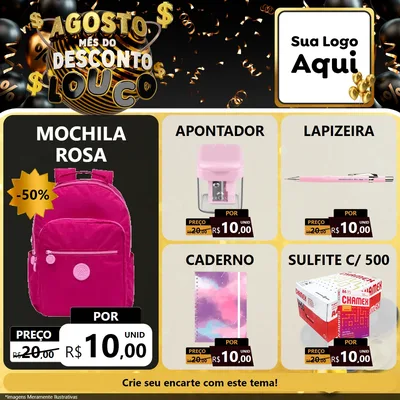 Modelo de Rede Social para Feed Facebook com o tema Agosto Mês do Desconto Louco para Papelaria