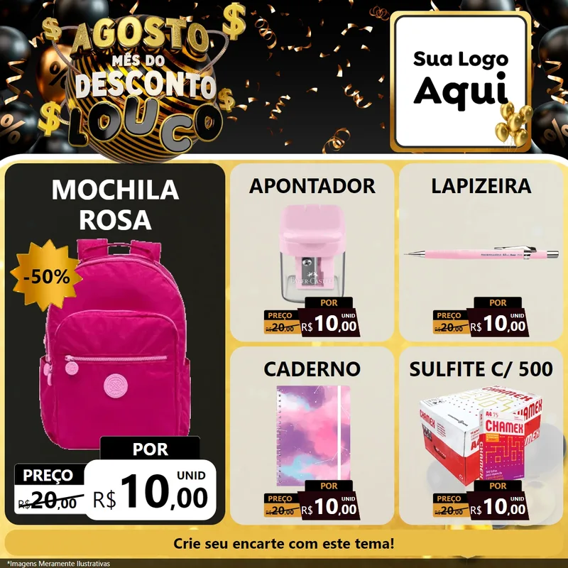 Modelo de Rede Social para Feed Facebook com o tema Agosto Mês do Desconto Louco para Papelaria