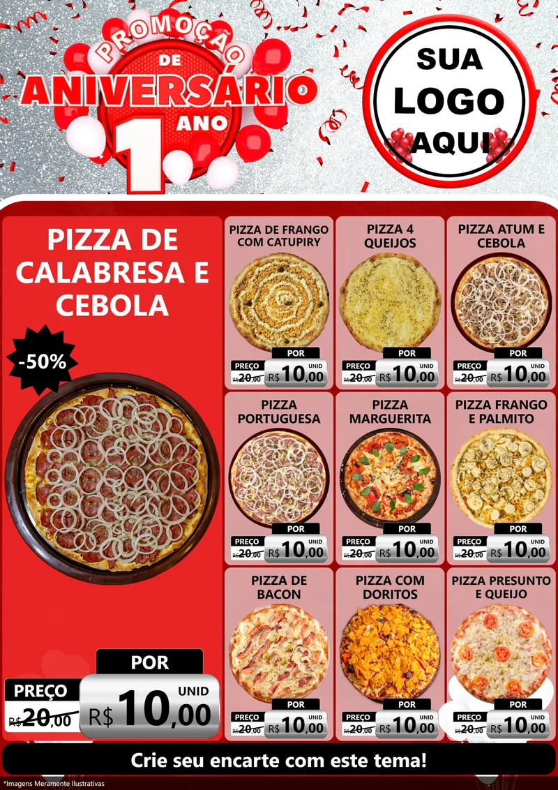 Modelo de Encarte para Encarte A4 Vertical com o tema Promoção de Aniversário - 1 Ano para Pizzaria