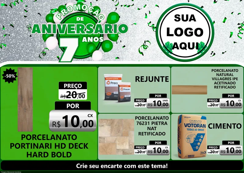 Modelo de Encarte para Encarte A4 Horizontal com o tema Promoção de Aniversário - 7 Anos para Pisos e revestimentos
