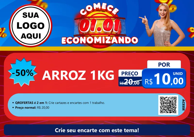 Modelo de Cartaz para Cartaz A4 Horizontal com o tema Comece 1º de Janeiro Economizando para Supermercado