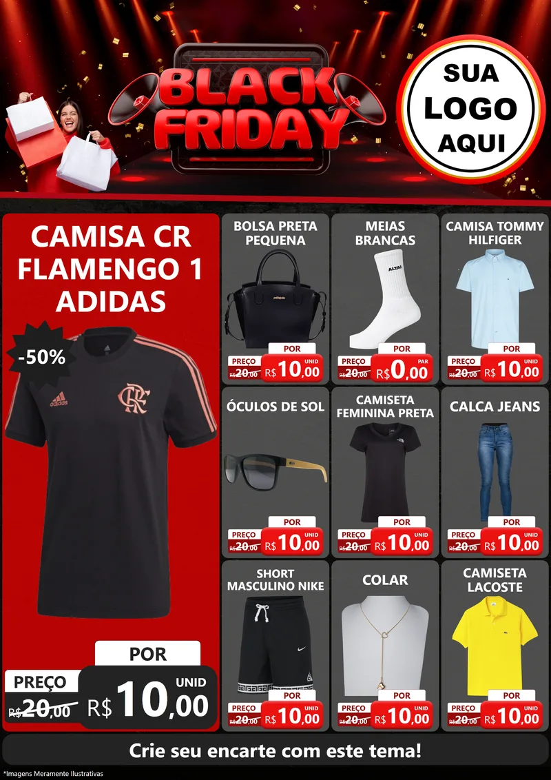 Modelo de Encarte para Encarte A4 Vertical com o tema Black Friday para Roupas e acessórios