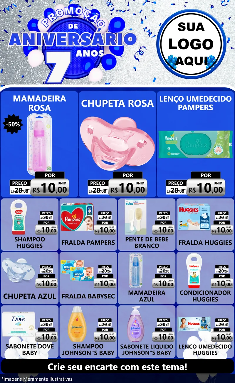 Modelo de Encarte para Encarte Grande com o tema Promoção de Aniversário - 7 Anos para Bebês