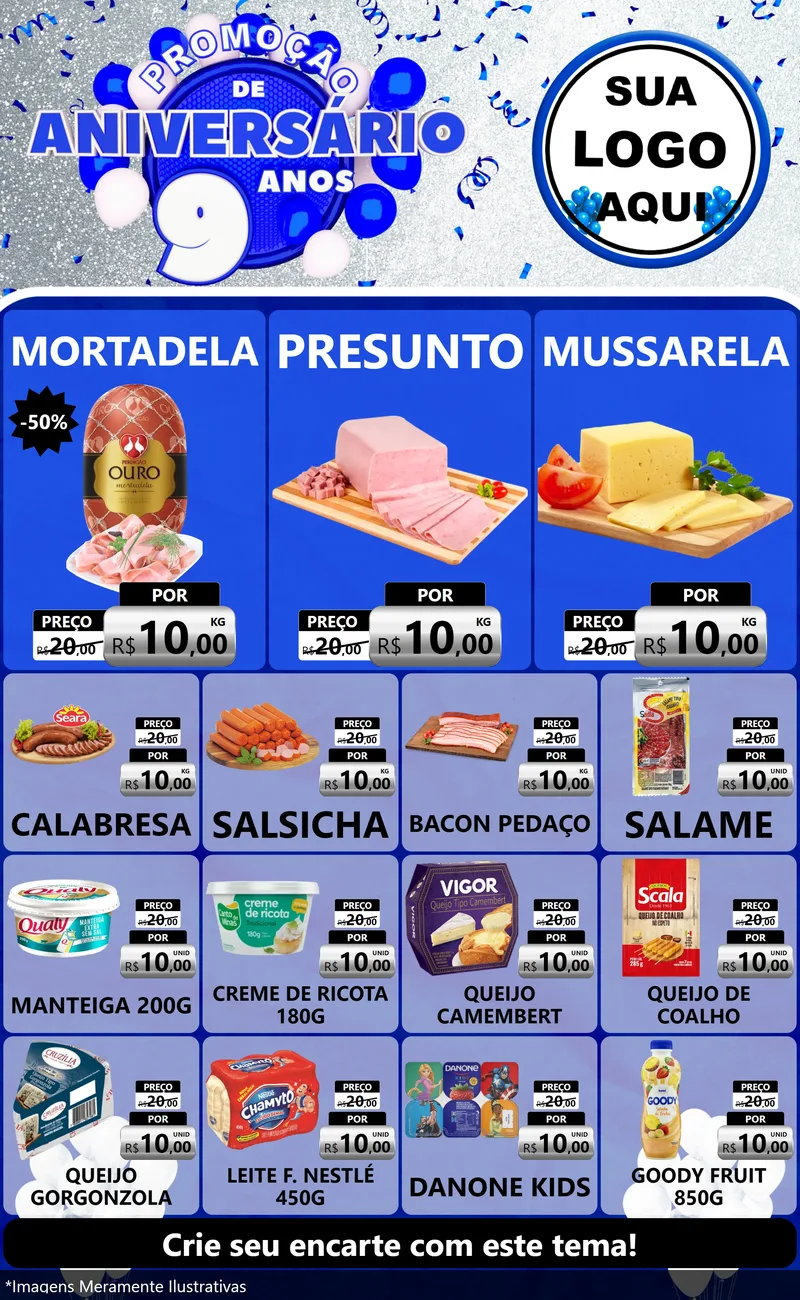 Modelo de Encarte para Encarte Grande com o tema Promoção de Aniversário - 9 Anos para Frios e Laticínios