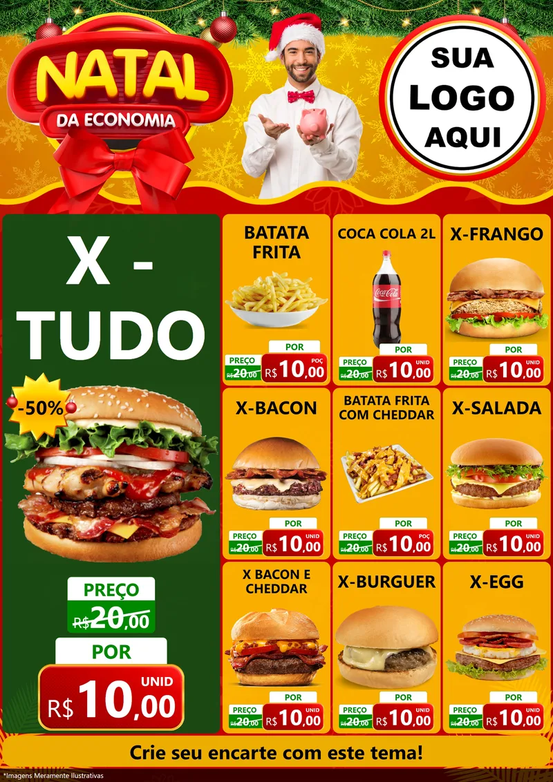 Modelo de Encarte para Encarte A4 Vertical com o tema Natal da Economia para Hamburgueria