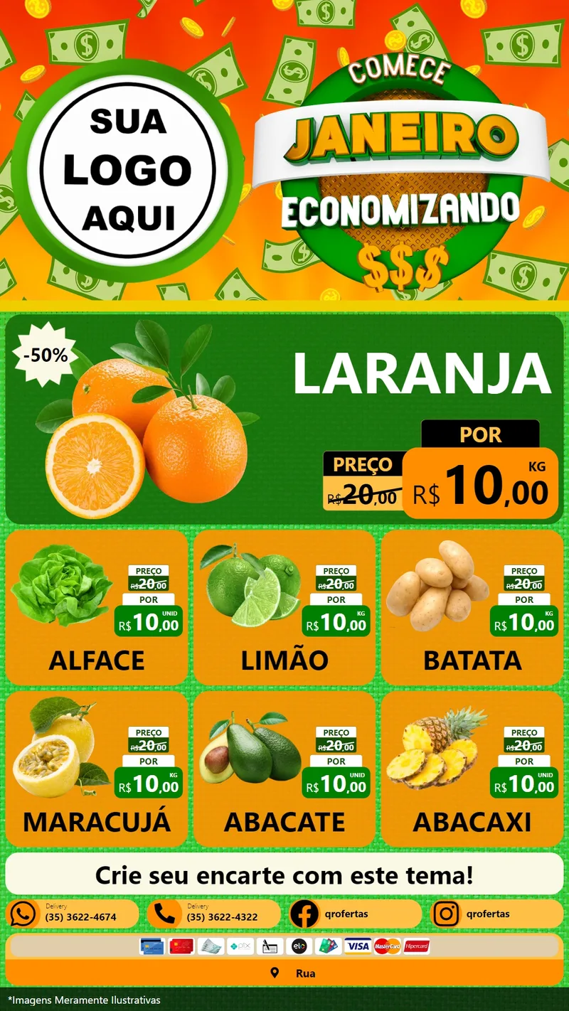 Modelo de Rede Social para Stories com o tema Comece Janeiro Economizando para Hortifrúti