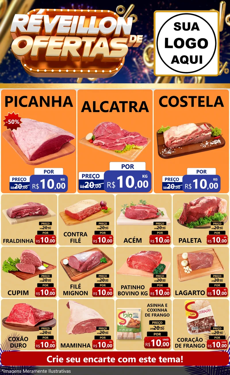 Modelo de Encarte para Encarte Grande com o tema Réveillon de Ofertas para Açougue