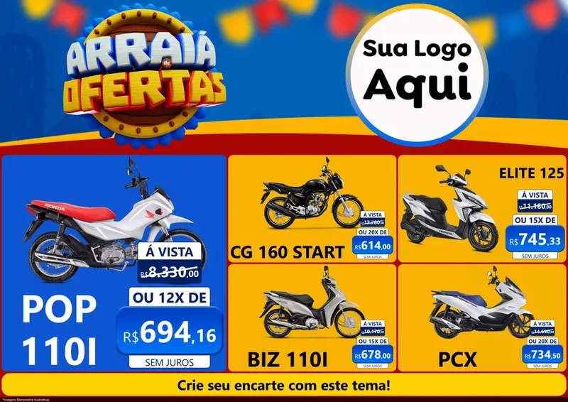 Modelo de Encarte para Encarte A4 Horizontal com o tema Arraiá de Ofertas - Junina para Concessionaria de Motos