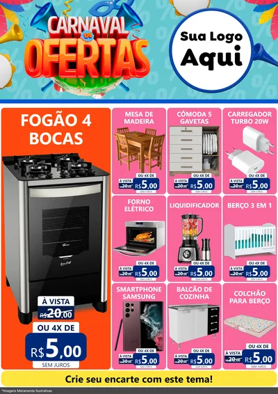 Modelo de Encarte para Encarte A4 Vertical com o tema Carnaval de Ofertas para Móveis e Eletro