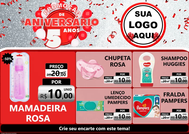 Modelo de Encarte para Encarte A4 Horizontal com o tema Promoção de Aniversário - 5 Anos para Bebês