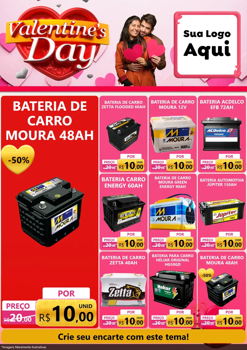 Modelo de Encarte para Encarte A4 Vertical com o tema Valentine's Day para Baterias Elétricas