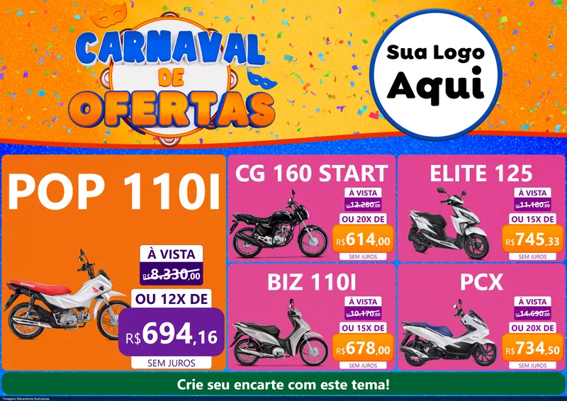 Modelo de Encarte para Encarte A4 Horizontal com o tema Carnaval de Ofertas para Concessionaria de Motos