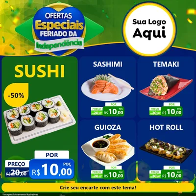 Modelo de Rede Social para Feed Facebook com o tema Ofertas Especiais Feriado da Independência para Comida japonesa