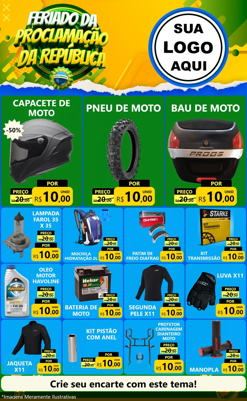 Modelo de Encarte para Encarte Grande com o tema Feriado da Proclamação da República para Moto peças