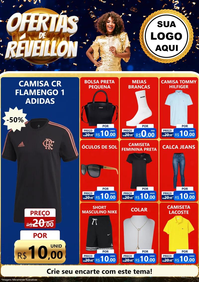 Modelo de Encarte para Encarte A4 Vertical com o tema Ofertas de Réveillon para Roupas e acessórios