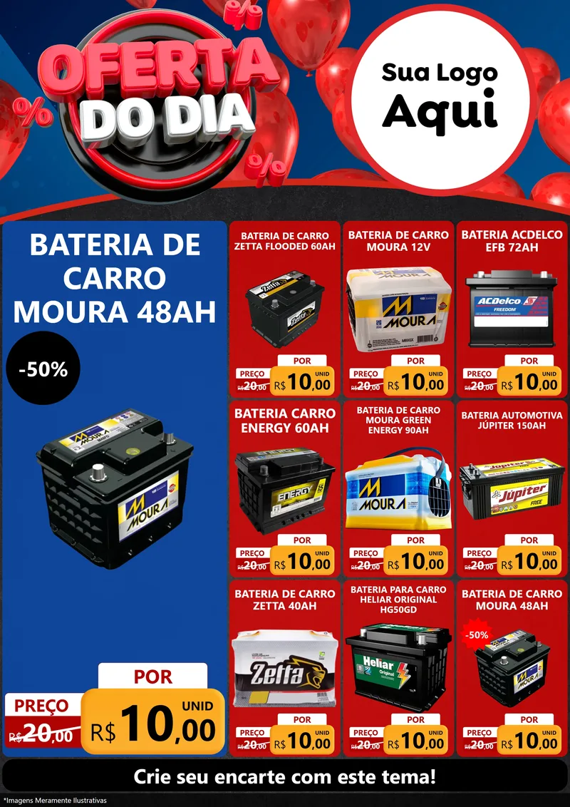 Modelo de Encarte para Encarte A4 Vertical com o tema Oferta do Dia para Baterias Elétricas