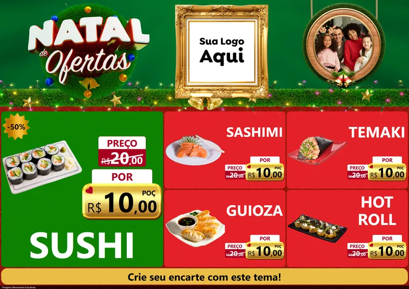 Modelo de Encarte para Encarte A4 Horizontal com o tema Natal de Ofertas para Comida japonesa