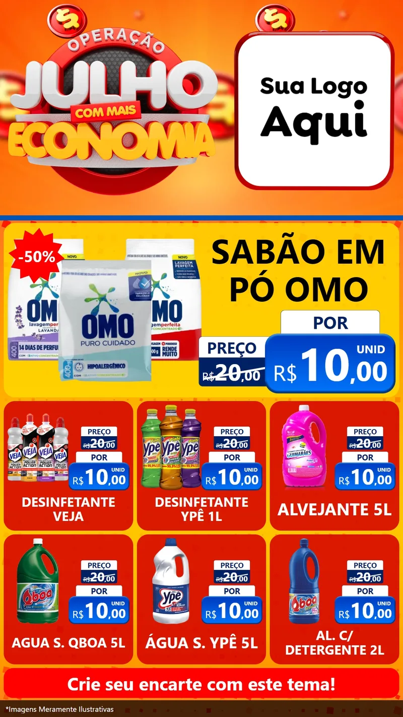 Modelo de Rede Social para Stories com o tema Operação Julho Com Mais Economia para Produtos de Limpeza