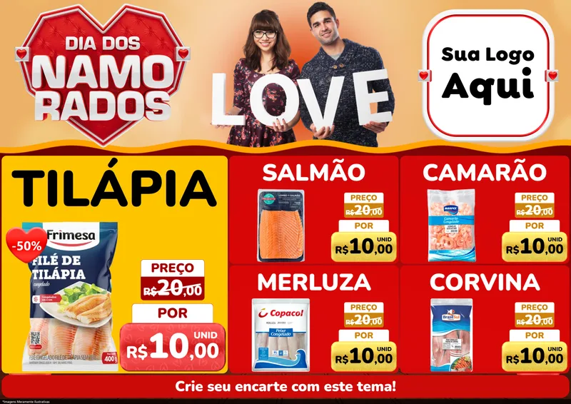 Modelo de Encarte para Encarte A4 Horizontal com o tema Dia dos Namorados para Peixaria