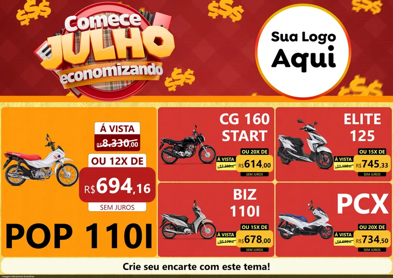 Modelo de Encarte para Encarte A4 Horizontal com o tema Comece Julho Economizando para Concessionaria de Motos