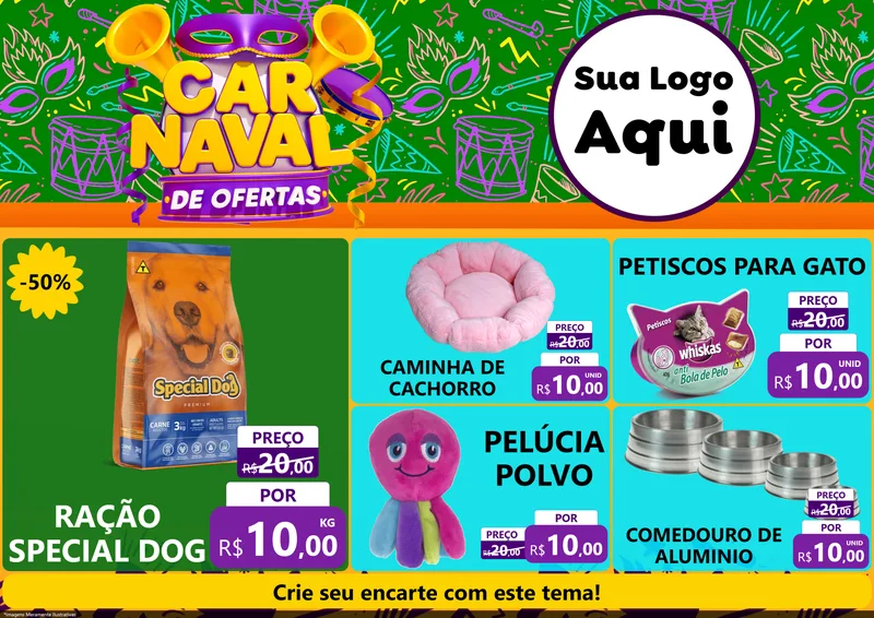 Modelo de Encarte para Encarte A4 Horizontal com o tema Carnaval de Ofertas para Pet Shop