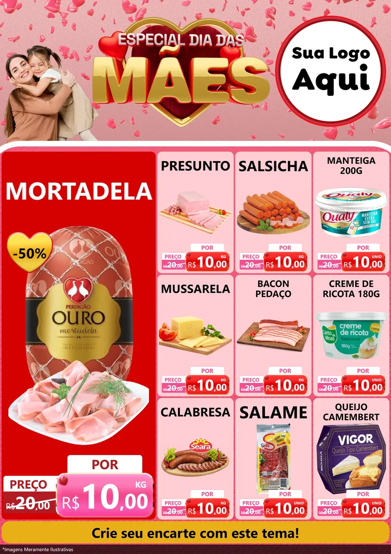Modelo de Encarte para Encarte A4 Vertical com o tema Especial Dia Das Mães para Frios e Laticínios