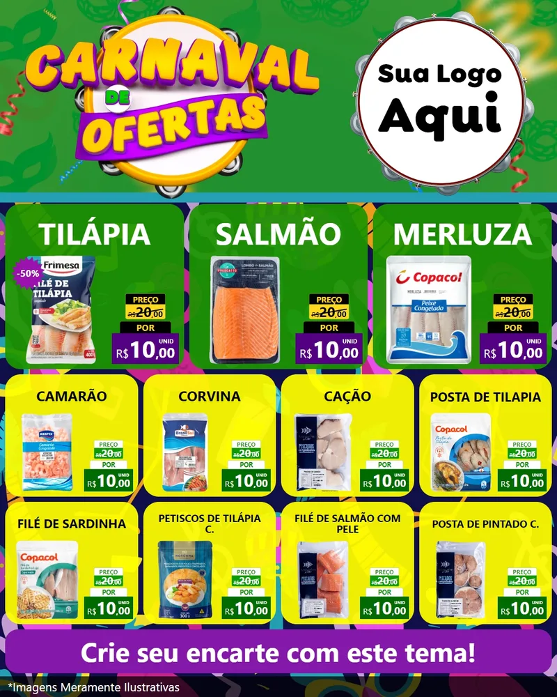 Modelo de Rede Social para Feed Instagram com o tema Carnaval de Ofertas para Peixaria