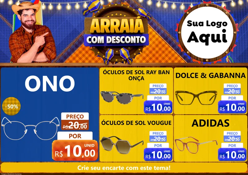 Modelo de Encarte para Encarte A4 Horizontal com o tema Arraiá Com Desconto para Óticas