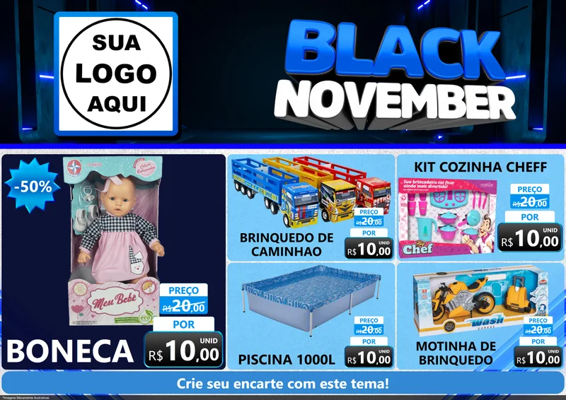 Modelo de Encarte para Encarte A4 Horizontal com o tema Black November para Brinquedos