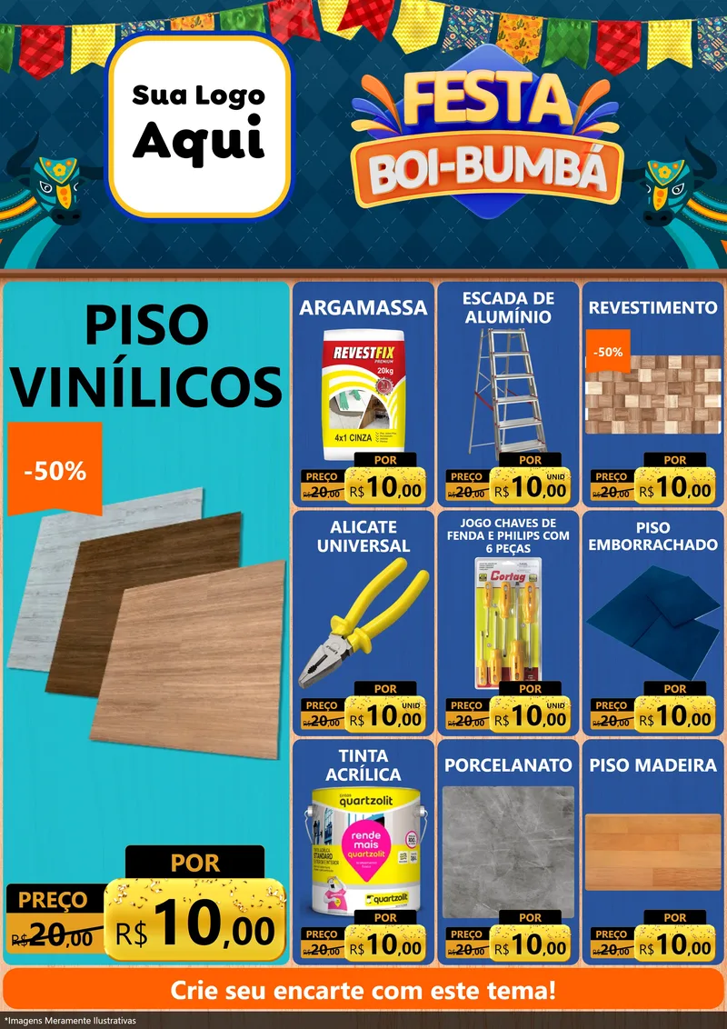 Modelo de Encarte para Encarte A4 Vertical com o tema Festa Boi Bumbá para Material para Construção