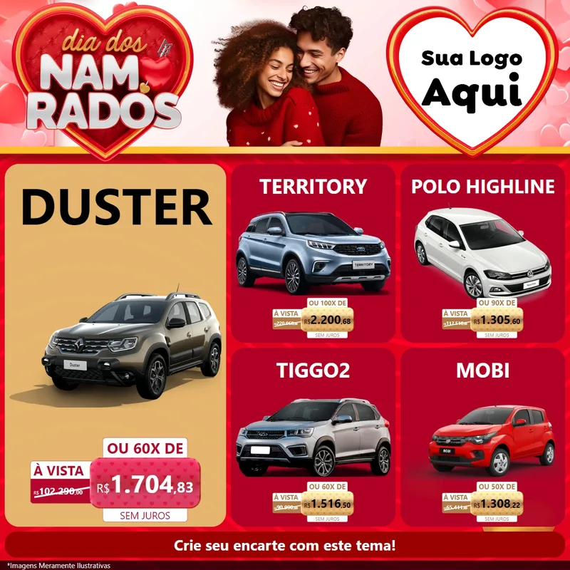Modelo de Rede Social para Feed Facebook com o tema Dia dos Namorados para Concessionaria de Carros
