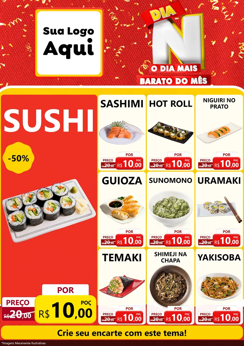 Modelo de Encarte para Encarte A4 Vertical com o tema Dia N o Dia Mais Barato do Mês para Comida japonesa