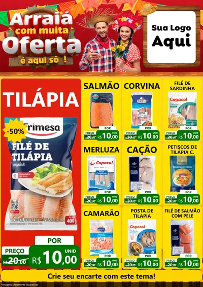 Modelo de Encarte para Encarte A4 Vertical com o tema Arraiá Com Muita Oferta - É Aqui Sô! para Peixaria