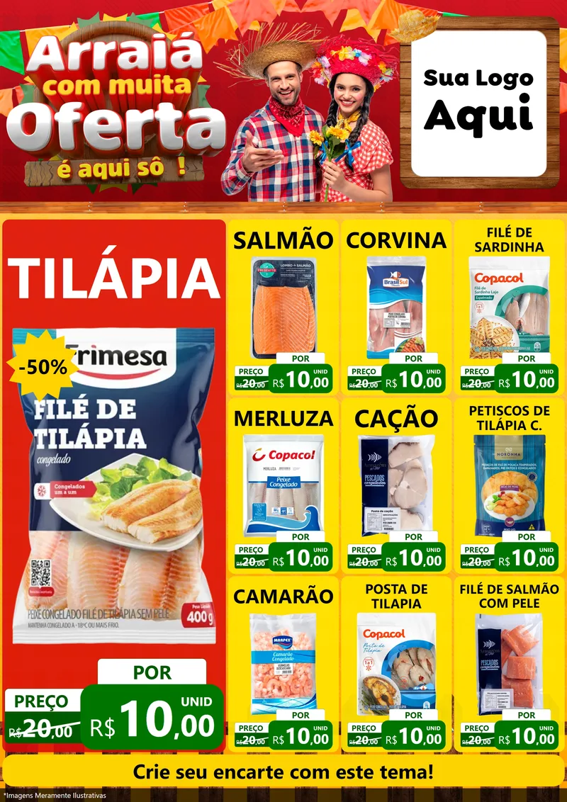 Modelo de Encarte para Encarte A4 Vertical com o tema Arraiá Com Muita Oferta - É Aqui Sô! para Peixaria