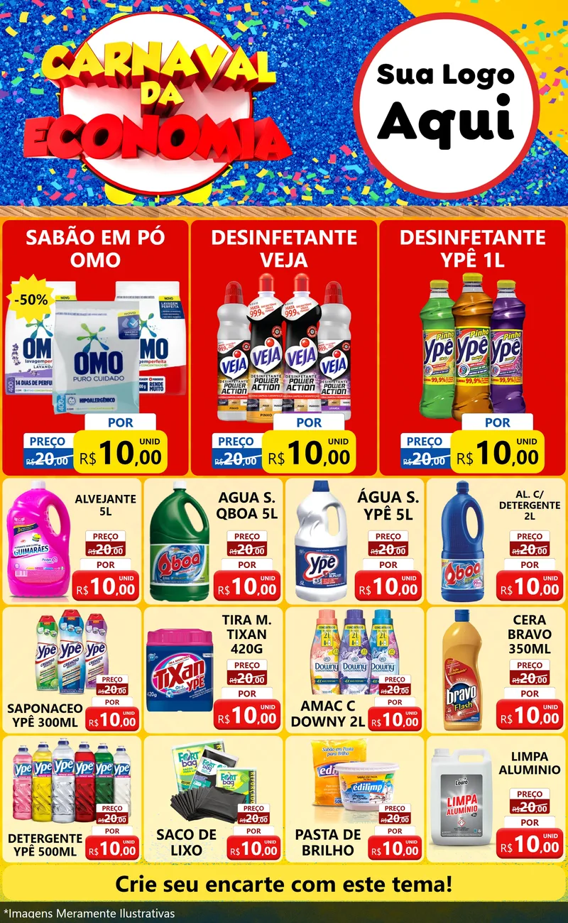 Modelo de Encarte para Encarte Grande com o tema Carnaval da Economia para Produtos de Limpeza