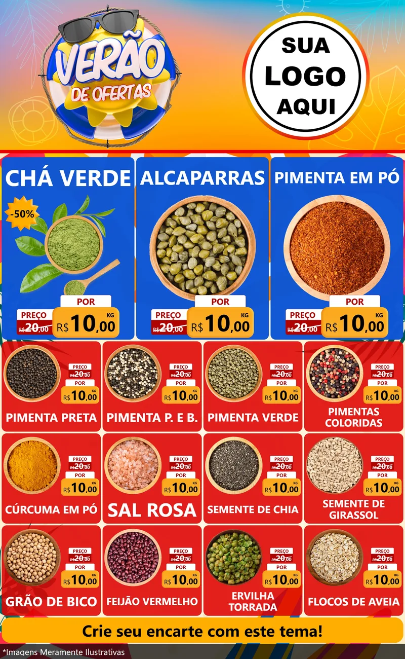 Modelo de Encarte para Encarte Grande com o tema Verão de Ofertas para Produtos Naturais