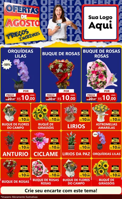 Modelo de Encarte para Encarte Grande com o tema Ofertas de Agosto - Preços Incríveis para Floricultura e jardim