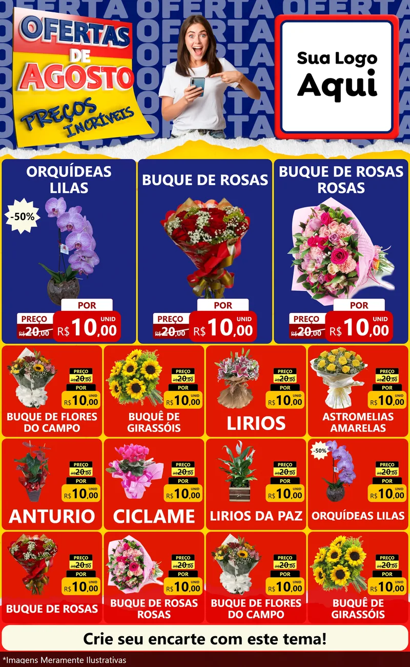 Modelo de Encarte para Encarte Grande com o tema Ofertas de Agosto - Preços Incríveis para Floricultura e jardim