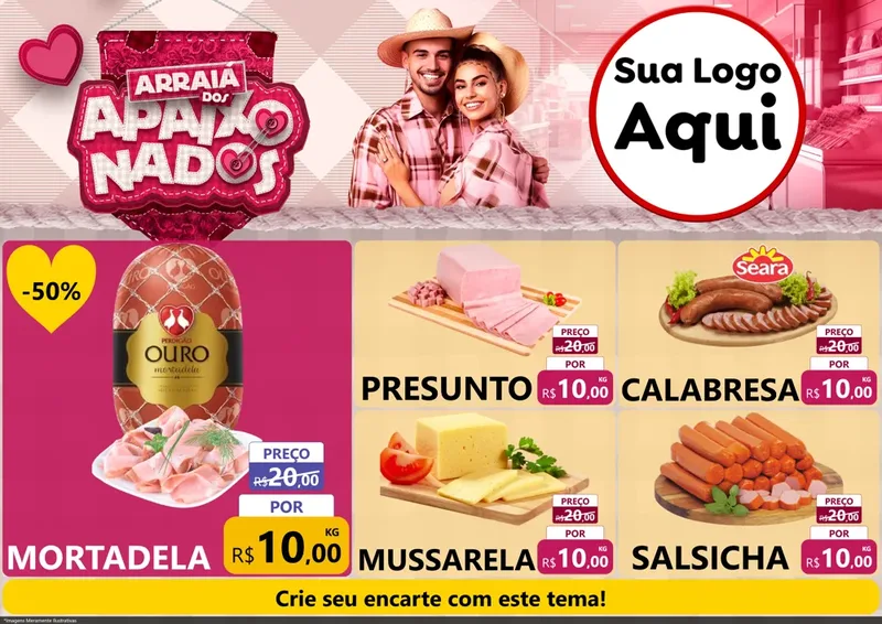 Modelo de Encarte para Encarte A4 Horizontal com o tema Arraiá dos Apaixonados - Junina para Frios e Laticínios