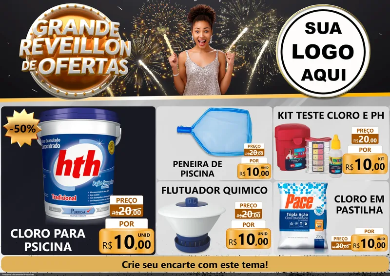 Modelo de Encarte para Encarte A4 Horizontal com o tema Grande Réveillon de Ofertas para Produtos para Piscina