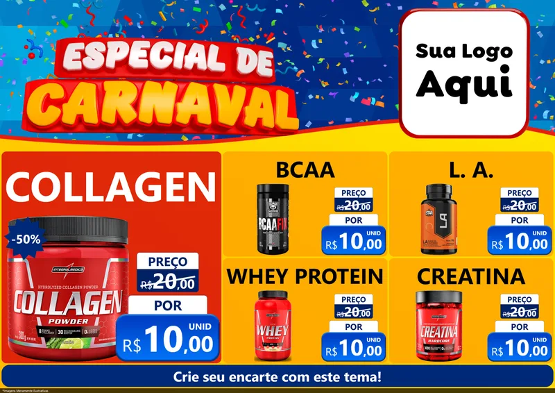 Modelo de Encarte para Encarte A4 Horizontal com o tema Especial de Carnaval para Suplementos alimentares