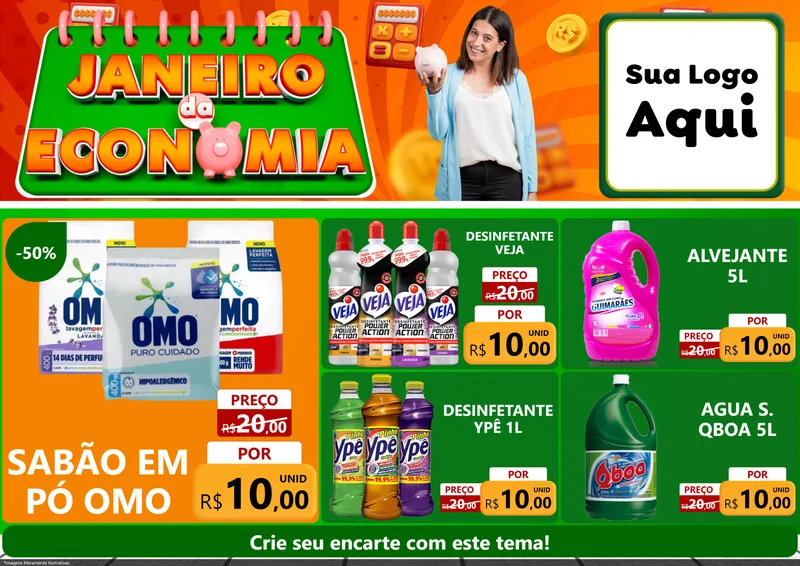 Modelo de Encarte para Encarte A4 Horizontal com o tema Janeiro da Economia para Produtos de Limpeza