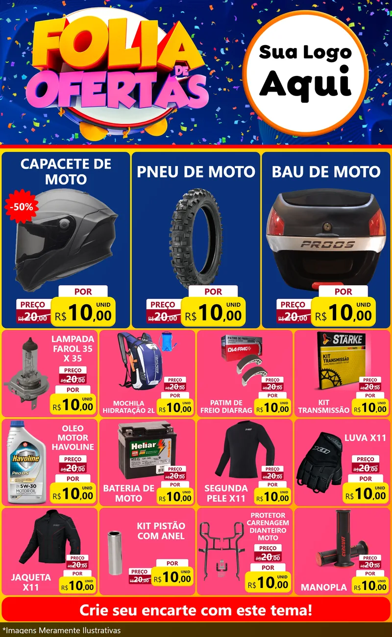 Modelo de Encarte para Encarte Grande com o tema Folia de Ofertas para Moto peças