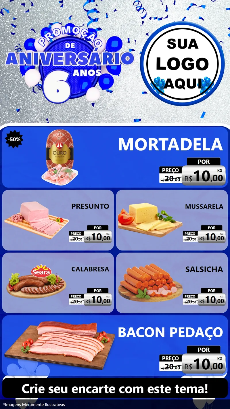 Modelo de TV para TV Vertical com o tema Promoção de Aniversário - 6 Anos para Frios e Laticínios