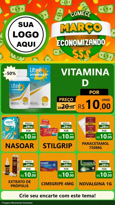 Modelo de Rede Social para Stories com o tema Comece Março Economizando para Farmácia