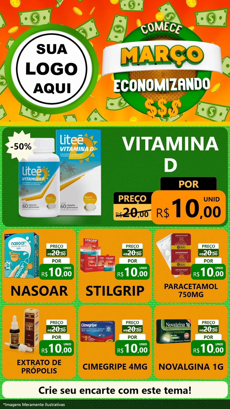 Modelo de Rede Social para Stories com o tema Comece Março Economizando para Farmácia