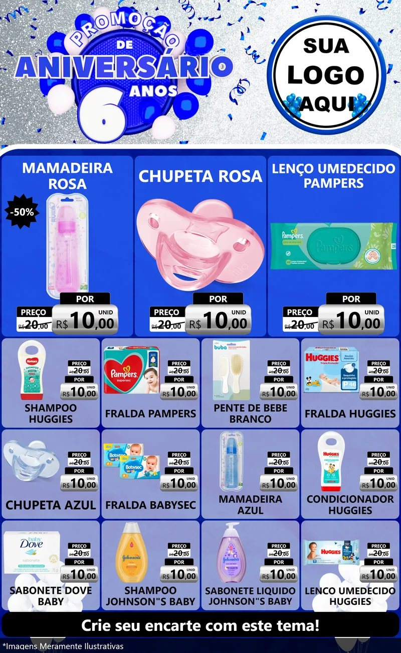 Modelo de Encarte para Encarte Grande com o tema Promoção de Aniversário - 6 Anos para Bebês